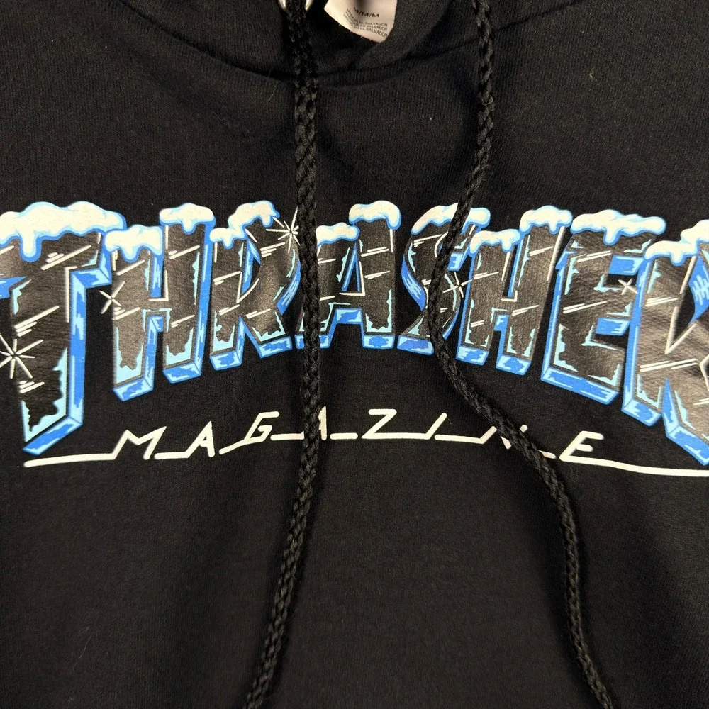 Thrasher Magazine Black Hoodie Ice Spellout Logo Graphic Sweatshirt Mens M - Picture 4 of 8